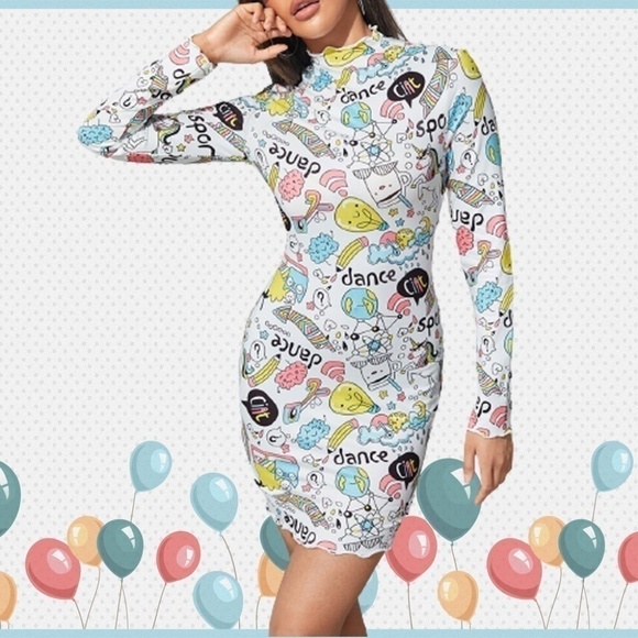 Op Pop Art Scribble Dress Bandaid Bodycon Graphic Cartoon Graffiti Unicorns NIP - Picture 8 of 12